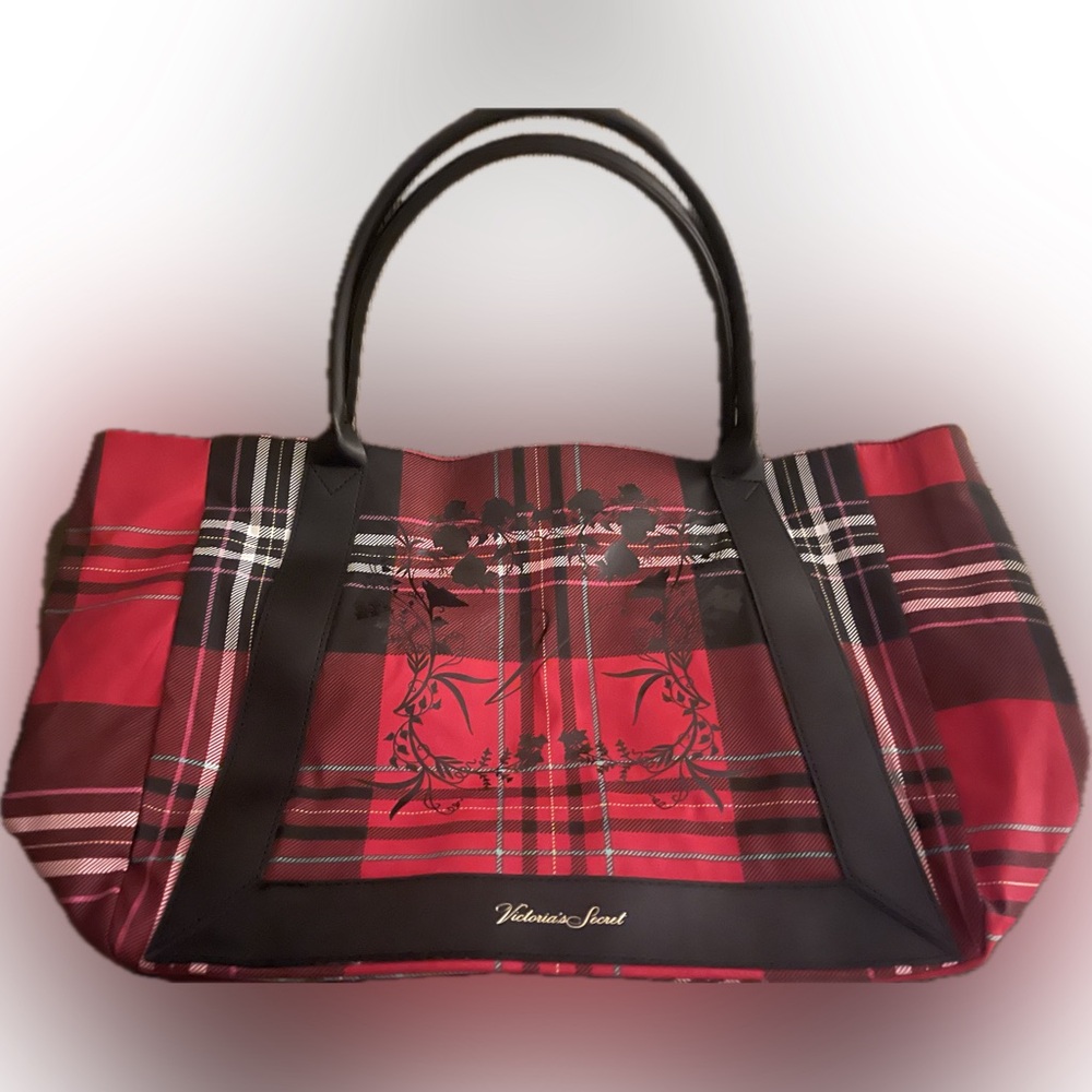 Victoria's Secret Black Red Plaid Holiday Logo Tote Bag Black Handles NWOT Vint